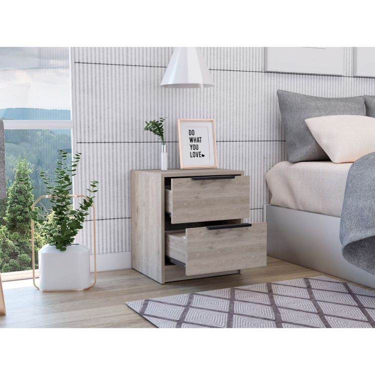 Kaia Nightstand , End Table, Side Table Two Drawers, Metal Handle Light Gray