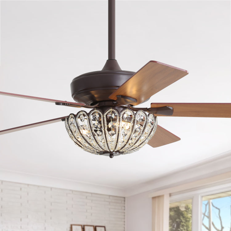 52 Inch Coffee Color With Crystal Light And Remote,With 5 Plywood Blades,Vintage Design,Reversible Dc Motor Bulbs Not Included