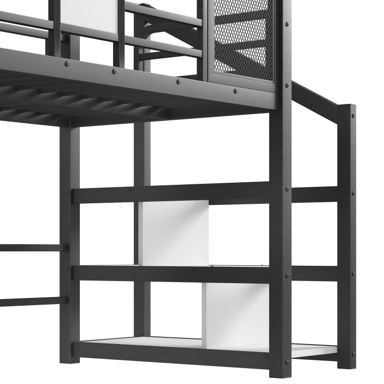 Twin House Loft Bed With Slide And Stairs, Metal Playhouse Bed With Storage Shelves, House Shaped Roof And Noise Free Design, Black