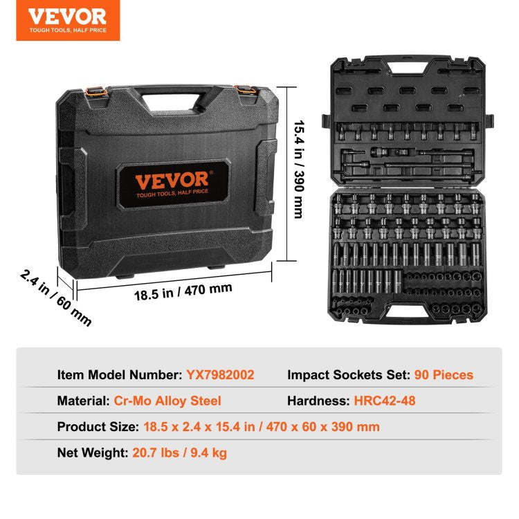 3 8" Drive Impact Socket Set, Sae 1 4" 3 4" And Metric 6 19Mm 90 Piece Socket Set, 6 Point Cr Mo Alloy Steel For Auto Repair, Includes Extension Bars Universal Joint Adapter Lock Storage Case