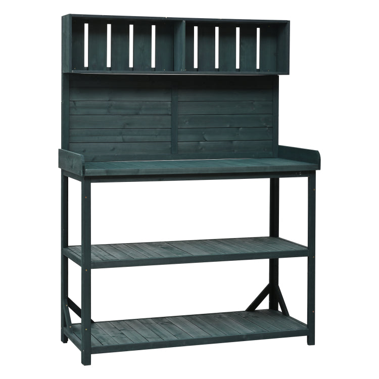 65" Large Wooden Farmhouse Rustic Outdoor Potting Bench Table, Patio Workstation, Garden Potting Bench With 4 Storage Shelves And Side Hook, Forest Green