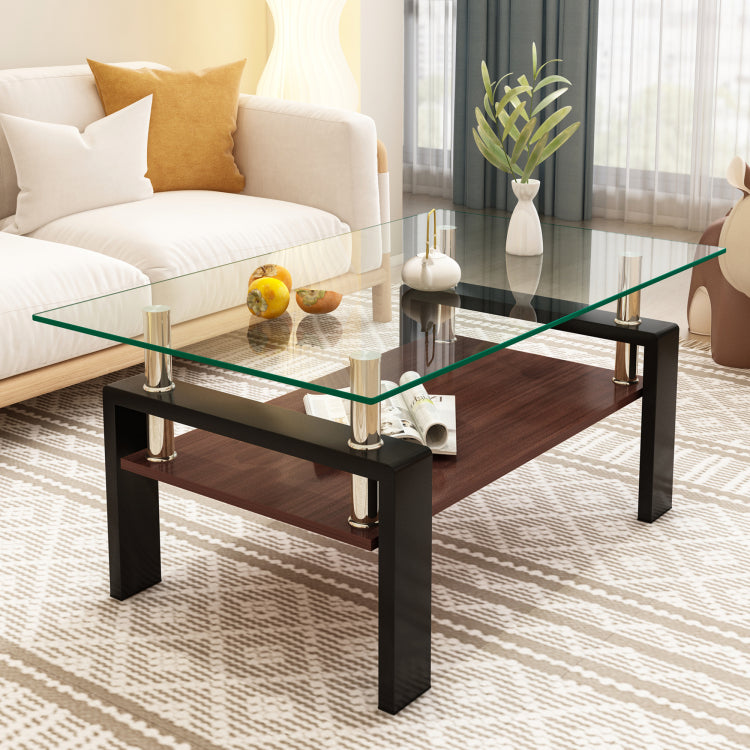 Rectangle Coffee Table, Tempered Glass Tabletop With Mdf Layer, Modern Table For Living Room , Transparent Glass