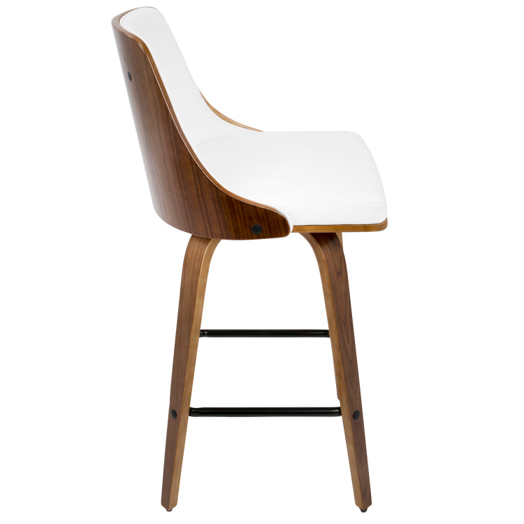 26" Mid Century Modern Counter Stool In Walnut With White Faux Leather Set Of 2