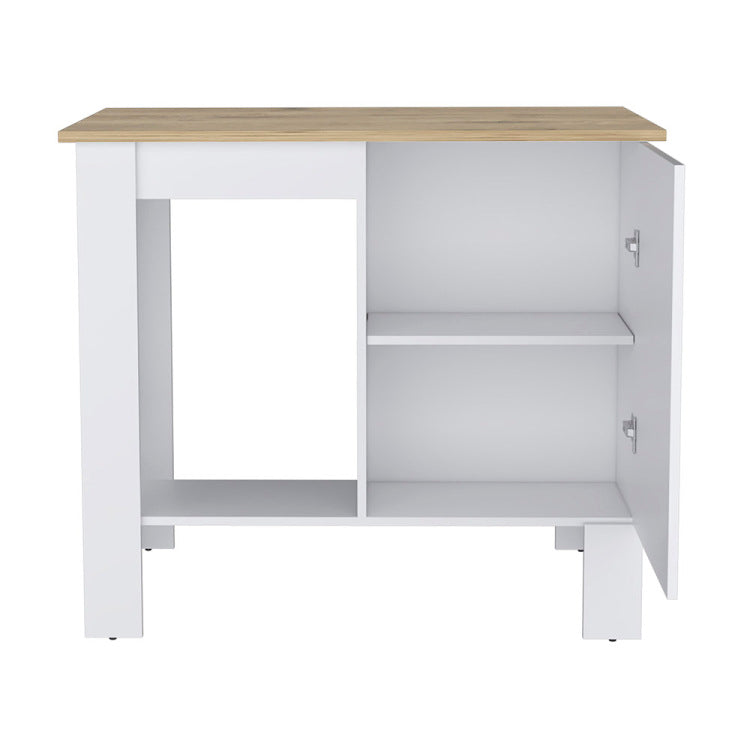 Kitchen Island 35" H, One Storage Cabinet With Door, Two Internal Shelves, One Open Storage Shelf, White Macadamia