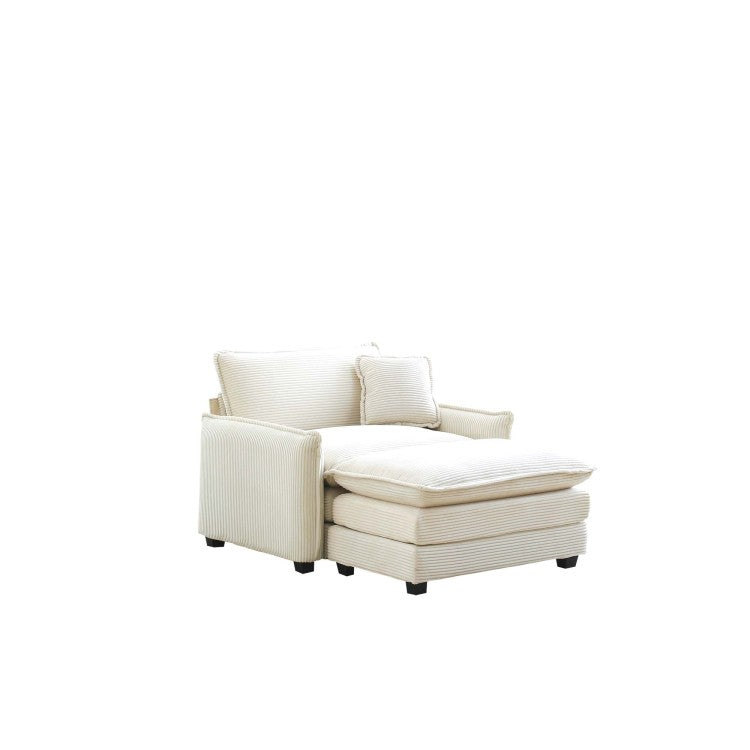 Single Deep Seat Sofa With Footstool With One Pillow, Suitable For Living Room And Bedroom, Club Multiple Occasions,White Corduroy