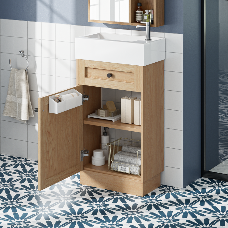 18.5" Bathroom Vanity With Reversible Resin Sink, Mdf Cabinet With Adjustable Shelf And Elegant Zinc Alloy Handles, Wood Grain Melamine Finish, Reversible Door, Rustic Style For Small Spaces