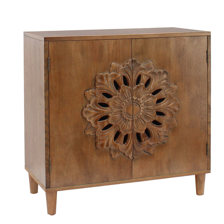 Rustic Hand Carved Wooden 2 Door Cabinet Boho Accent Storage Cabinet With Floral Design, Solid Wood Sideboard For Living Room, Entryway, Or Bedroom