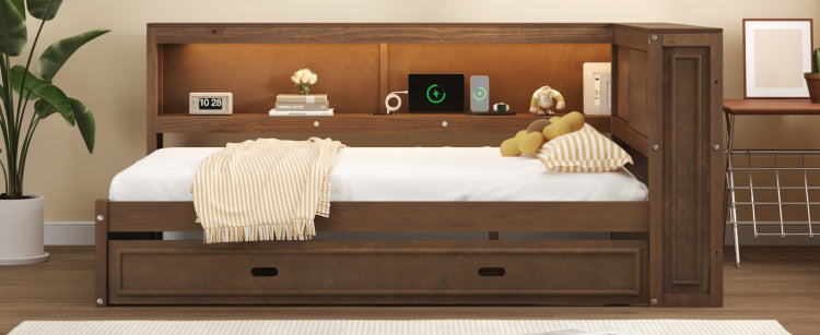 Full Size Wood Daybed With Storage Shelves, Usb, Led, And Trundle, Antique Wood Color