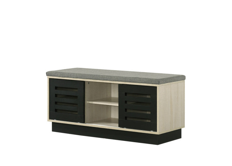 Brio 38.5"W Oak Finish Shoe Cabinet With Sliding Doors, Upholstered Top