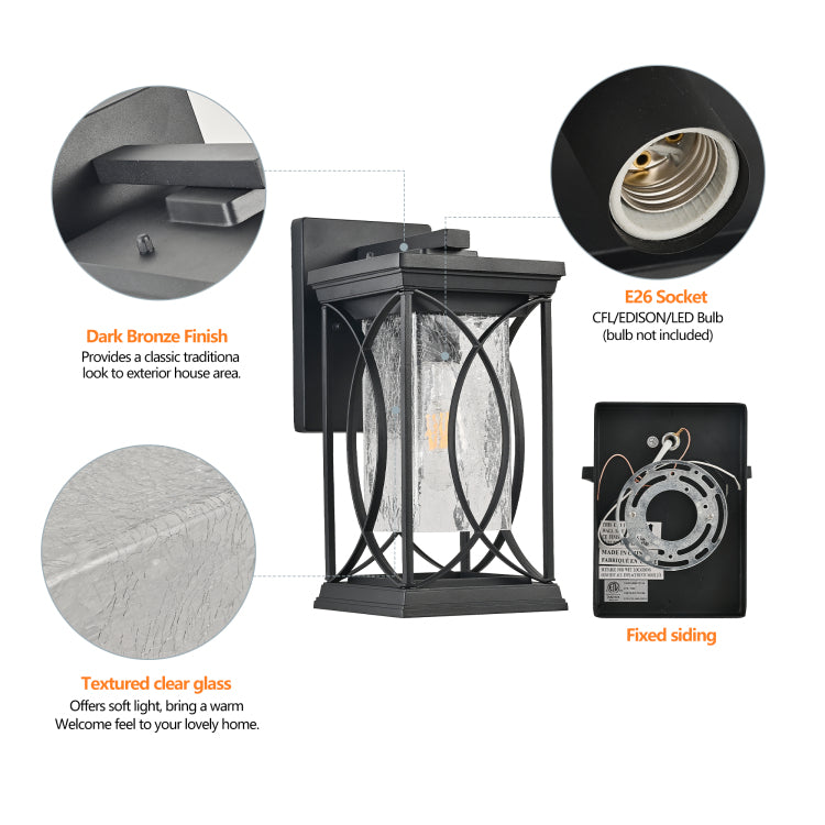 14" H 1 Pack Black Outdoor Wall Lantern With Crackled Glass, Weather Resistant Exterior Light Fixture For Porch, Patio, And Entryway, Modern Decorative Wall Sconce With E26 Base Bulb Not Included