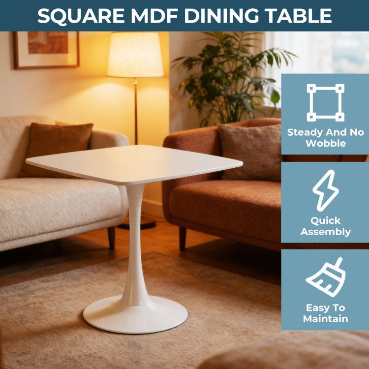 White Square Tulip Table For 2 3 Person, 24" Small Dining Table With Metal Pedestal Base, Modern Kitchen Table For Small Space, Apartment, Bistro, Cafe, Office & Living Room, Matte White Mdf Top