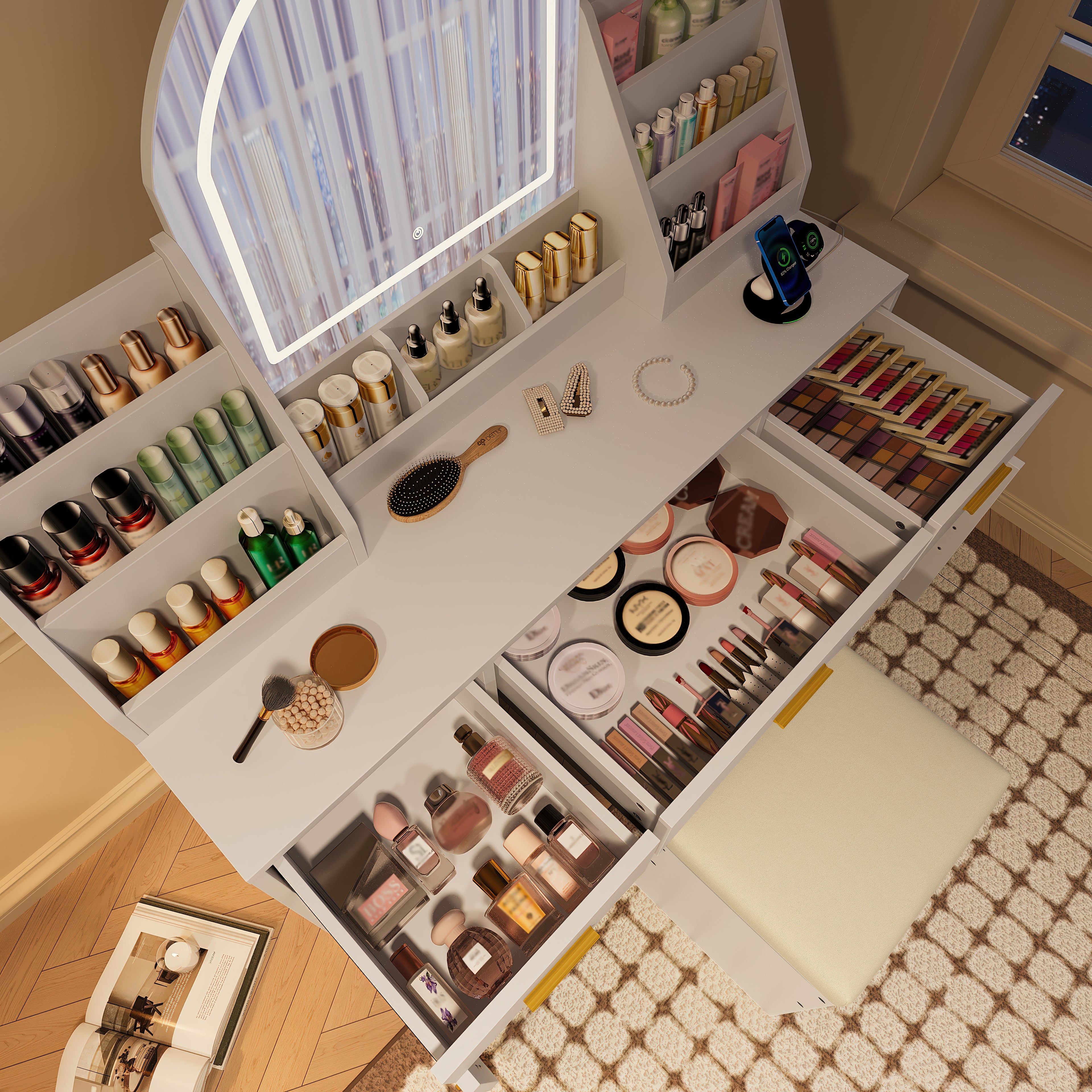 47.2" Makeup Vanity With Mirror And Light, Vanity Desk With Cushioned Storage Stool, Dressing Table With Two Organizers,3 Drawers And 2 Cabinets For Bedroom, White