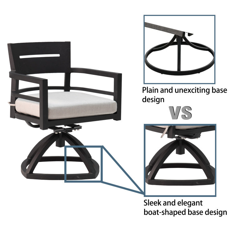 7 Piece Outdoor Patio Aluminum Furniture, Modern Dining Set, Including 4 Dining Chairs & 2 Swivel Rockers Sunbrella Fabric Cushioned And Rectangle Dining Table With Umbrella Hole, Ember Black