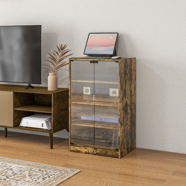 Homcom Media Cabinet, 4 Tier Stereo Cabinet, Modern Audio Video Media Stand With Adjustable Shelves, Tempered Glass Doors, And Cable Management, Rustic Brown