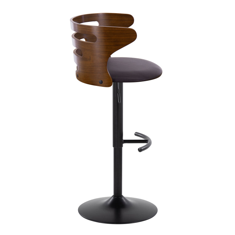 Mid Century Modern Adjustable Barstool With Swivel In Black Metal, Walnut Wood And Brown Faux Leather With Rounded T Footrest Set Of 2