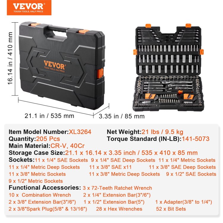 Mechanics Tool Set And Socket Set, 1 4" 3 8" 1 2" Drive Deep And Standard Sockets, 205 Pcs Sae And Metric Mechanic Tool Kit With Bits, Combination Wrench, Hex Wrenches, Accessories, Storage Case