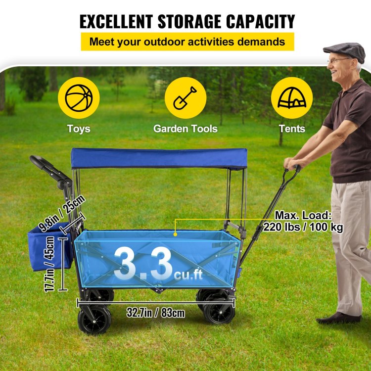 Extra Large Collapsible Garden Cart With Removable Canopy, Folding Wagon Utility Carts With Wheels And Rear Storage, Wagon Cart For Garden, Camping, Grocery Cart, Shopping Cart, Blue
