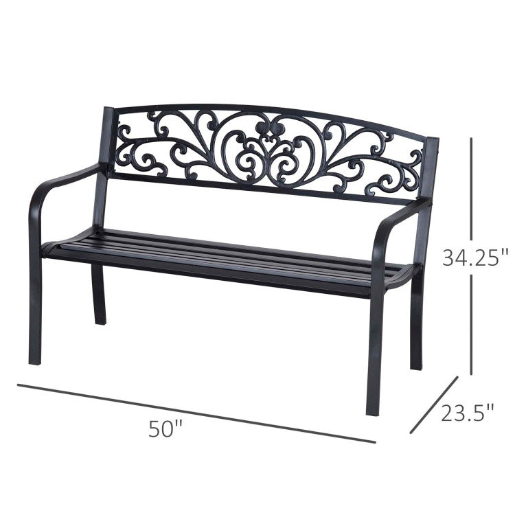 Outsunny 50" Outdoor Bench, Metal Garden Bench With Floral Pattern Backrest, Porch Bench With Slatted Seat For Park, Yard, Lawn, Black
