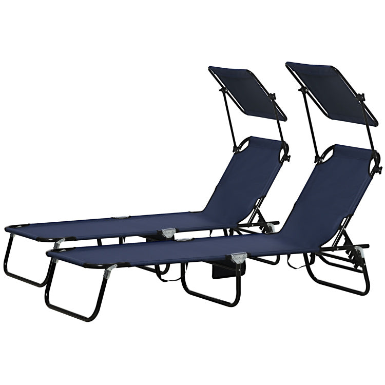 Outsunny Folding Chaise Lounge Pool Chairs, Outdoor Sun Tanning Chairs With Canopy Shade, Reclining Back, Steel Frame And Side Pocket For Beach, Yard, Patio, Dark Blue