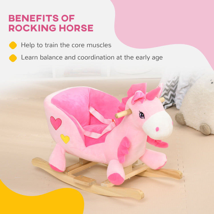 Qaba Baby Rocking Horse, Ride On Unicorn With 32 Songs, Toddler Rocker Toy With Wooden Base Seat Safety Belt For 1.5 3 Year Old, Pink