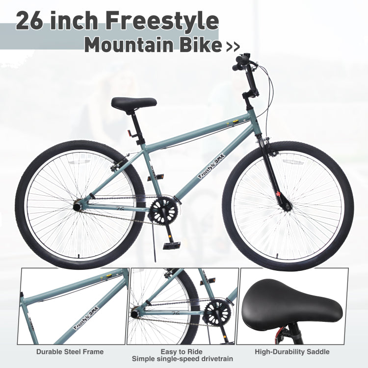 26 Inch Freestyle Bike For Teens, Steel Frame Single Speed Bicycle With 2 Pegs , Front Caliper Brake And Rear V Brake, Bicycle For Boys And Girls Ages 14