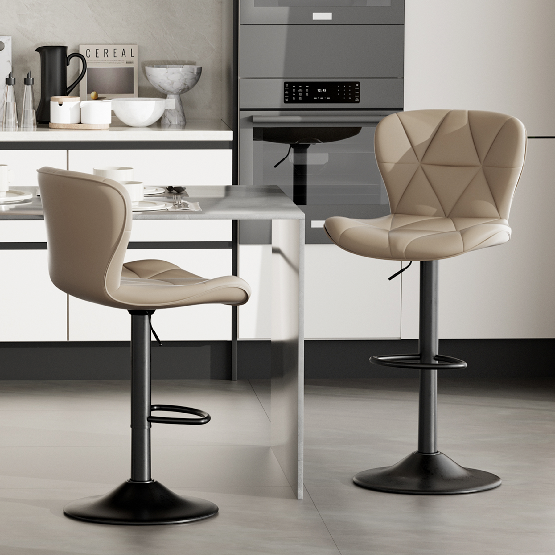 Bar Stools Set Of 2,Adjustable Swivel Barstools, Faux Leather Bar Chairs,Upholstered Counter Height With High Backrest For Kitchen Island,Khaki