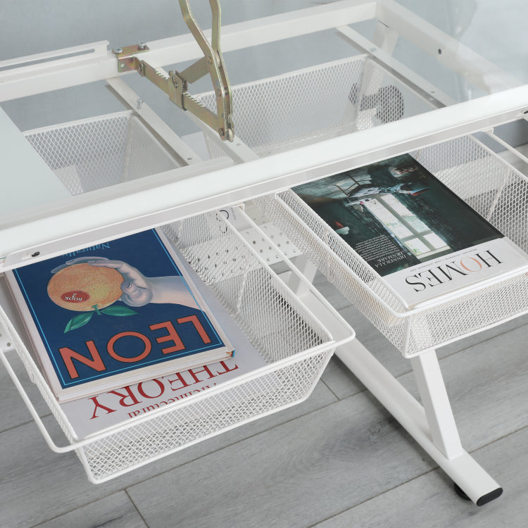 White Adjustable Tempered Glass Drafting Printing Table With Chair