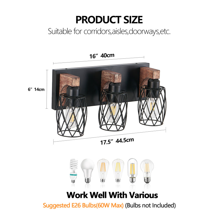 18" Industrial Vintage 3 Light Wall Sconce Black Cage Wall Lighting Fixture With Wooden Accents For Bathroom, Hallway, Or Living Room Bulb Not Included