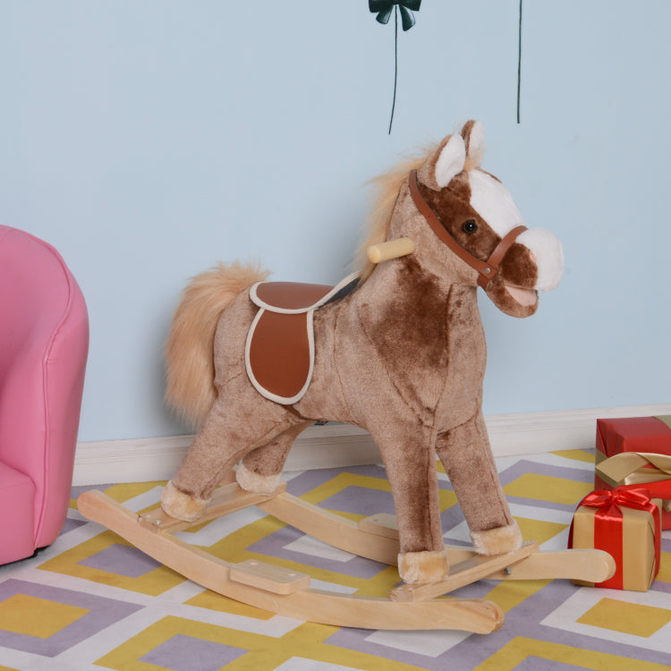 Qaba Kids Rocking Horse, Plush Toddler Rocker, Wooden Base Ride On Toy With Handle Grip, Traditional Toy For Kids 36M , Brown