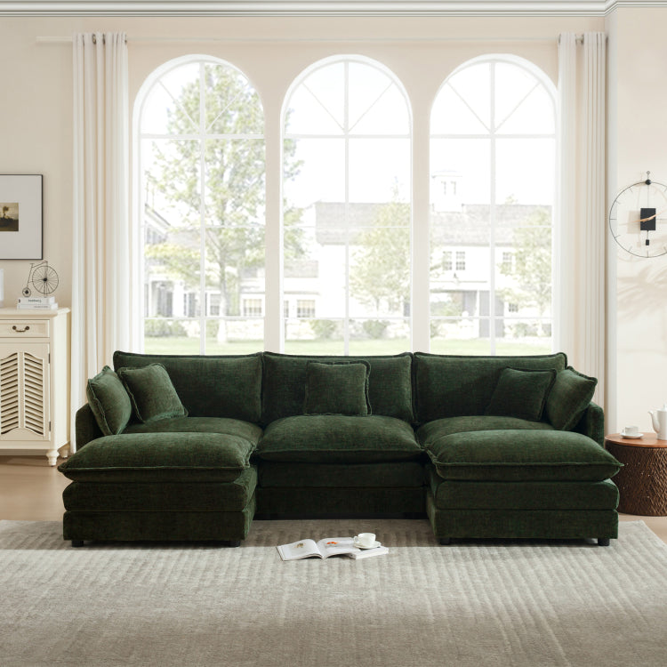 U Shaped Sectional Sofa W Reversible Footrest, 3 Seater Convertible Corner Couch With 2 Ottomans ,Modern Minimalist Soft Sofa & Couch For Living Room , Green Chenille