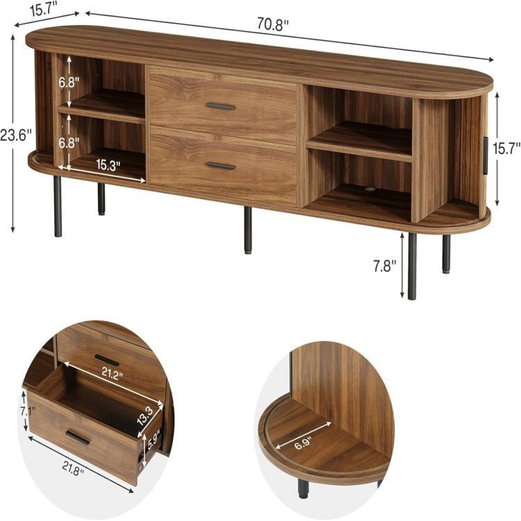 70.87" Walnut Mid Century Modern Fluted Tv Stand With Tambour Sliding Doors For Living Room