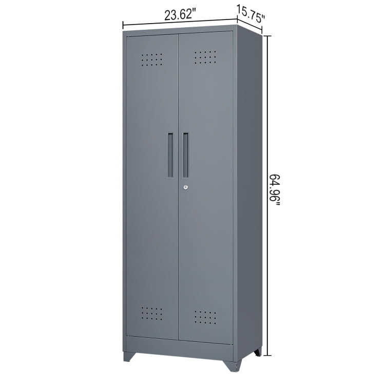 Broom Storage Cabinet With Locking Doors And Shelves, 65" H Metal Storage Cabinet With Hanging Rod & S Hooks, Cleaning Tool Storage Cabinet Grey