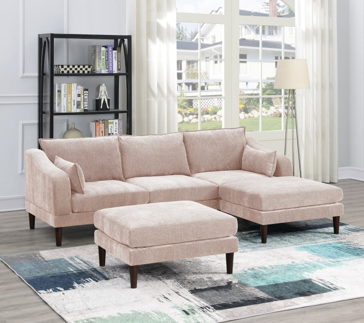 Contemporary 5Pcs Modular Sectional Set One Arm Chairs Armless Chair Ottomans L Shaped Sectional Blush Pink Morgan Fabric