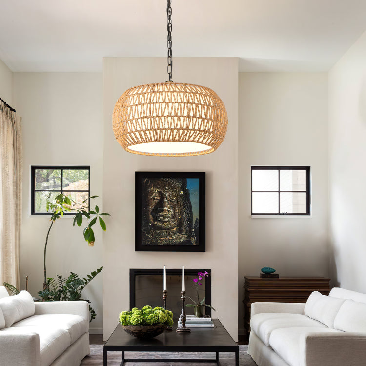 18" Farmhouse Pendant Light With Adjustable Height, Boho Woven Jute Rope Hanging Ceiling Light Fixture, E26 Base, 60W Max, Compatible With Flat, Vaulted, And Sloped Ceil Bulb Not Included