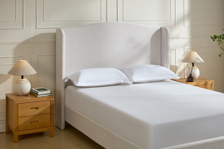 Hannah Upholstered Wingback Bed Size Queen Tall 54" Headboard Upholstered Queen Bed Premium Textured Canvas Chenille Look Ivory Minimalist Designs No Box Spring Needed Easy Assembly Queen