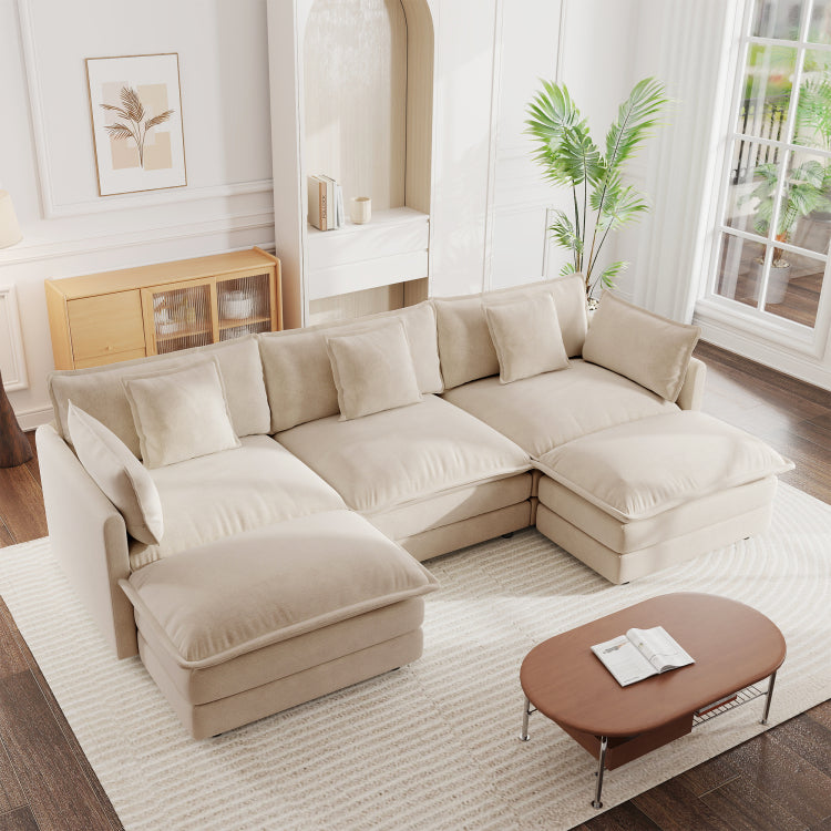 U Shaped Sectional Sofa W Reversible Footrest, 5 Seater Convertible Corner Couch With 2 Ottomans ,Modern Minimalist Soft Sofa & Couch For Living Room , Light Coffee Chenille