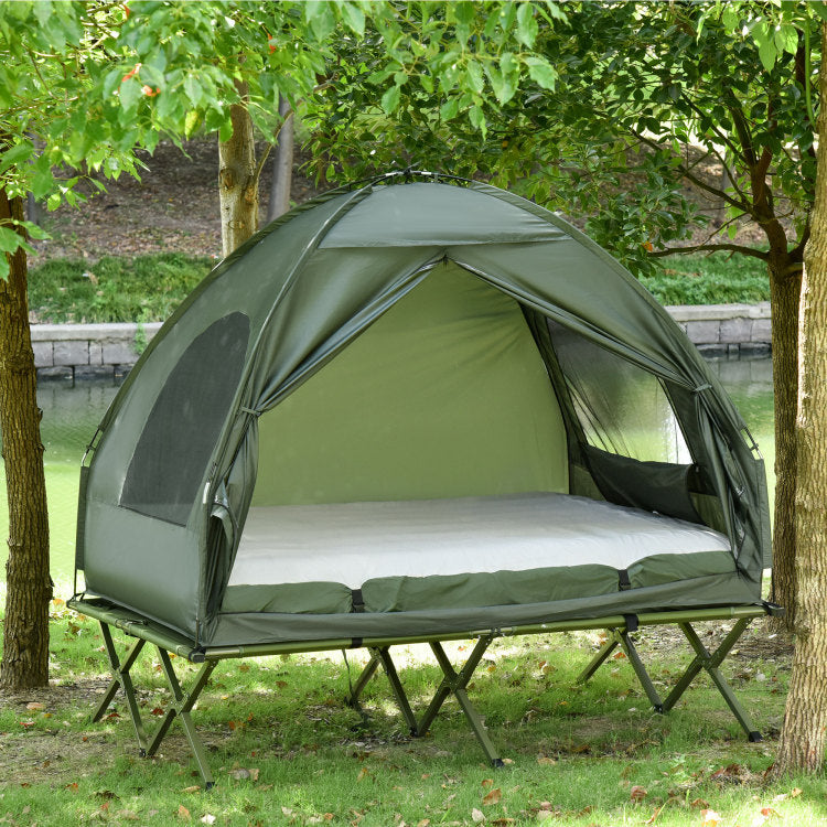 Outsunny 2 Person Foldable Camping Cot With Tent, Bedspread And Thick Air Mattress, 4 In 1 Elevated Camping Bed Tent For Outdoor Hiking, Picnic, Travel