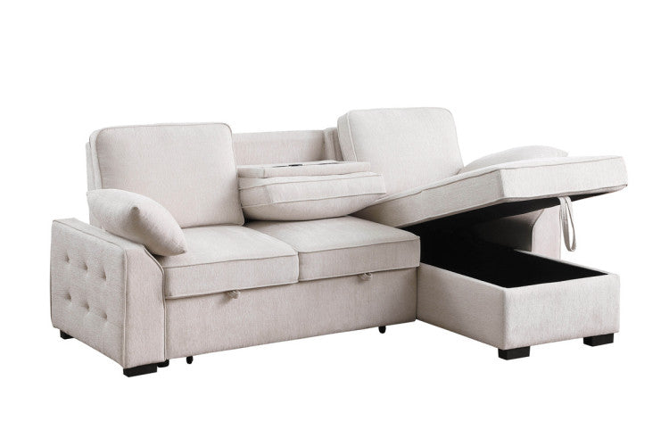 Marcello 91"W Beige Chenille Fabric Reversible Sleeper Sectional With Storage Chaise, Drop Down Table, Cup Holders And Charging Ports
