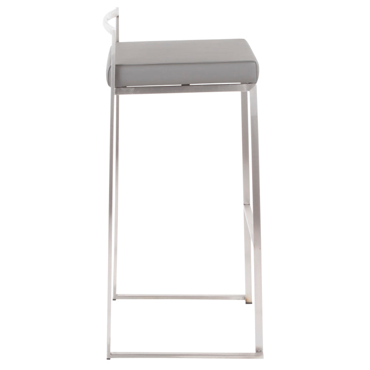Contemporary Stackable Barstool In Stainless Steel With Grey Faux Leather Cushion Set Of 2