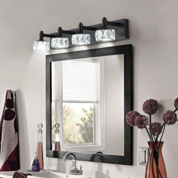 Modern 4 Light Matte Black Led Vanity Light Fixture With Crystal Glass Shades, Bathroom Wall Sconce For Elegant And Contemporary Home Decor