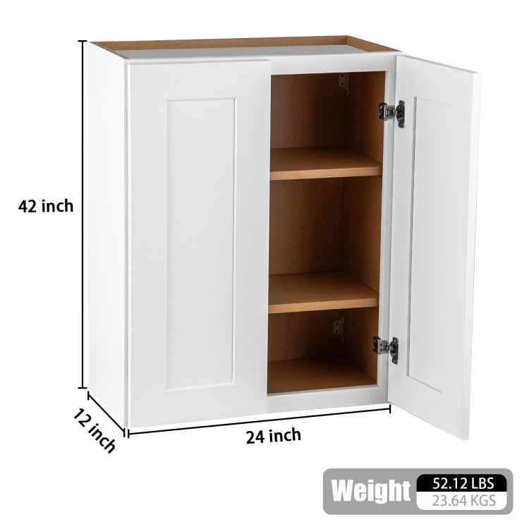 24 Inch White Shaker Double Door Wall Cabinet Solid Wood With 3 Adjustable Shelves Ready To Assemble For Kitchen,Bathroom,Laundry And Garage Storage 24"W 12"D 42"H