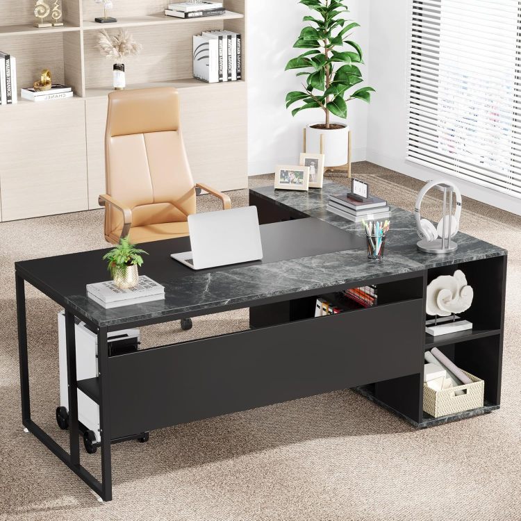 71" L Shaped Executive Desk With Storage Cabinet & Shelves, Large Industrial Home Office Computer Desk, Business Workstation With Printer Cabinet & Cpu Stand, Black