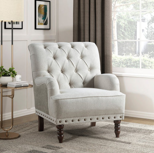 1Pc Beige Accent Chair Button Tufted Solid Wood Nailhead Trim Fabric Upholstery Luxury Living Room Furniture