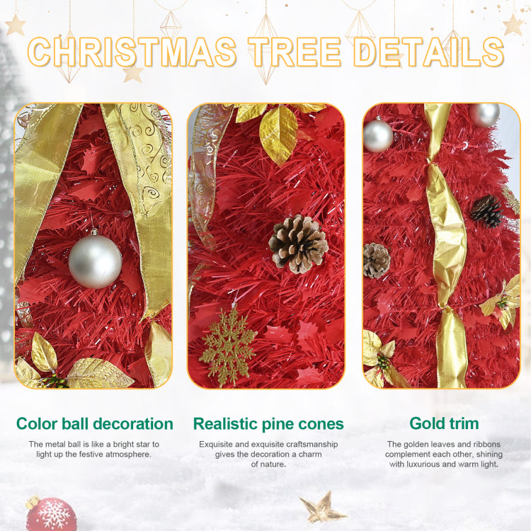 6Ft Red Pop Up Christmas Tree With 150 Warm White Led Lights, Ornaments Included 4 Ribbons, Bow, Flowers, Snowflakes, Pine Cones & Balls Easy Assembly & Space Saving Holiday D Cor