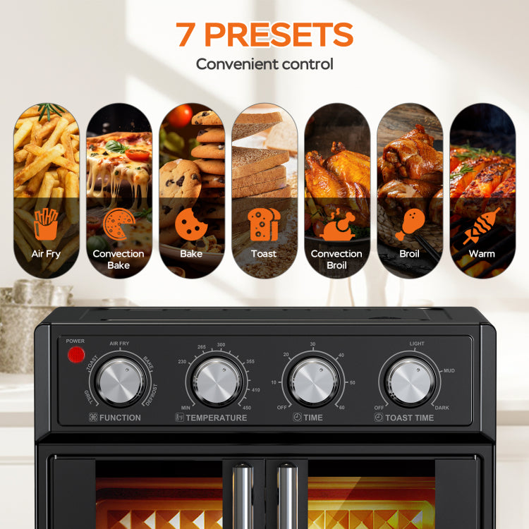 Plumchef 26Qt Large Capacity French Double Door Air Fryer Convection Toaster Oven, 1700W, 7 Preset Menus, 7 In 1 Multi Function For Bake, Roast, Grill, Toast, Dehydrate& Defrost, Stainless