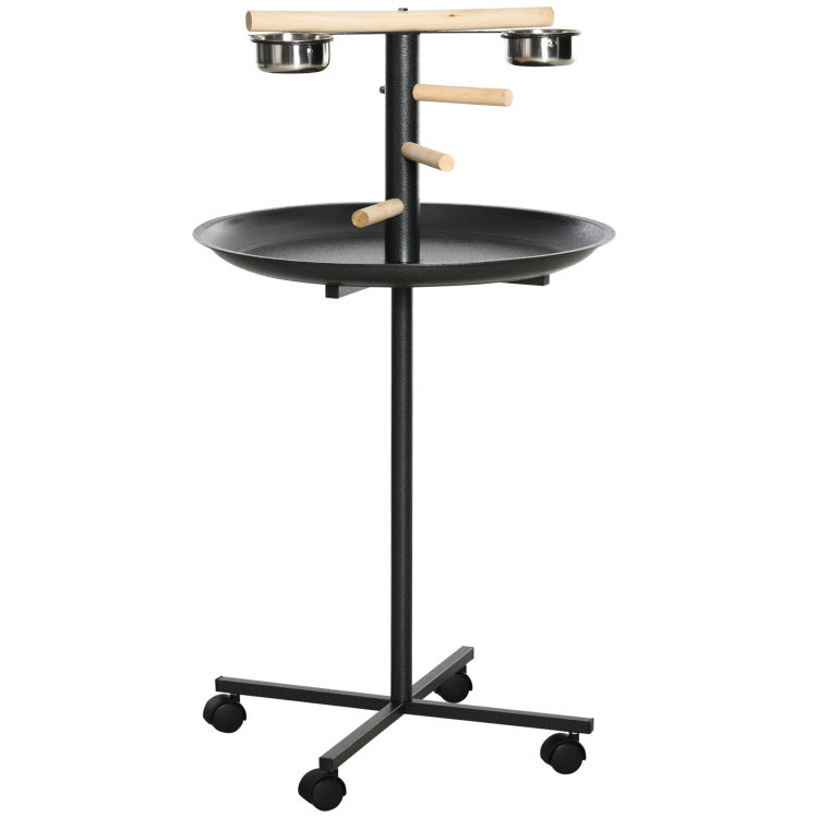 Pawhut Bird Play Stand, Portable Parrot Perch, Bird Feeder Station, With Four Wheels, Stainless Steel Feeding Bowls, Round Tray, Grey
