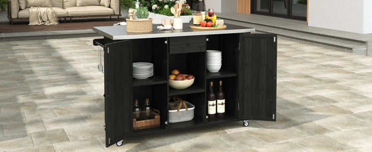 Outdoor Kitchen Island Fir Wood Kitchen Island With Stainless Steel Top, Ample Storage Space, Towel And Spice Racks And A Bottle Opener For Outdoor, Black