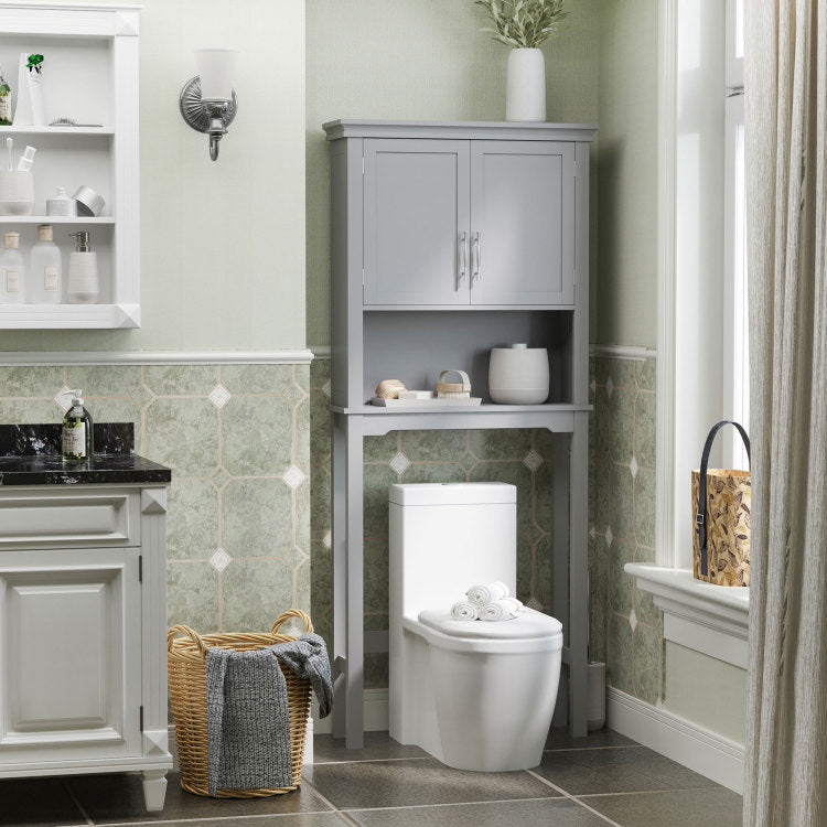 Kleankin Modern Over The Toilet Storage Cabinet, Double Door Bathroom Organizer With Inner Adjustable Shelf And Open Shelf, Grey
