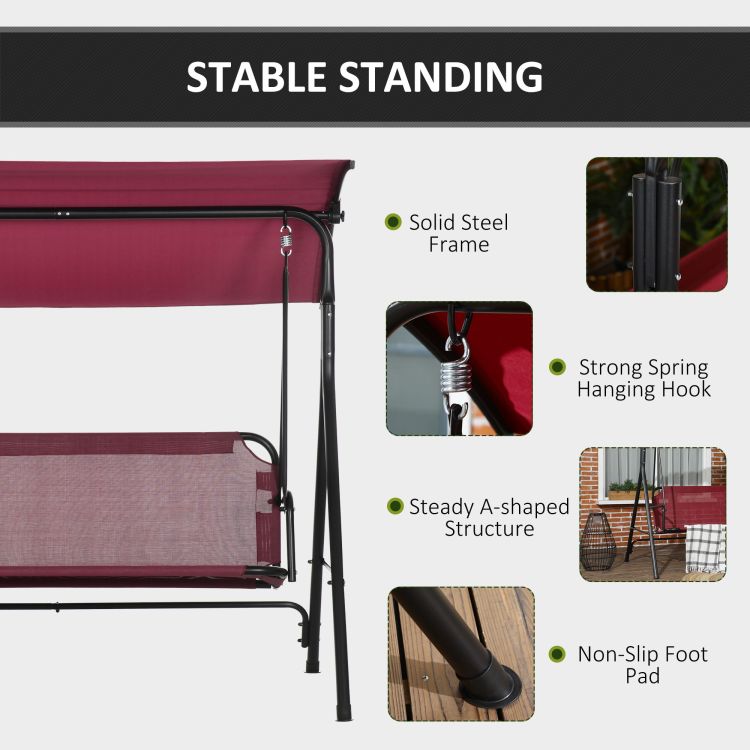 Outsunny 3 Person Porch Swing Bench With Stand & Adjustable Canopy, Armrests, Steel Frame For Outdoor, Garden, Patio, Porch & Poolside, Wine Red