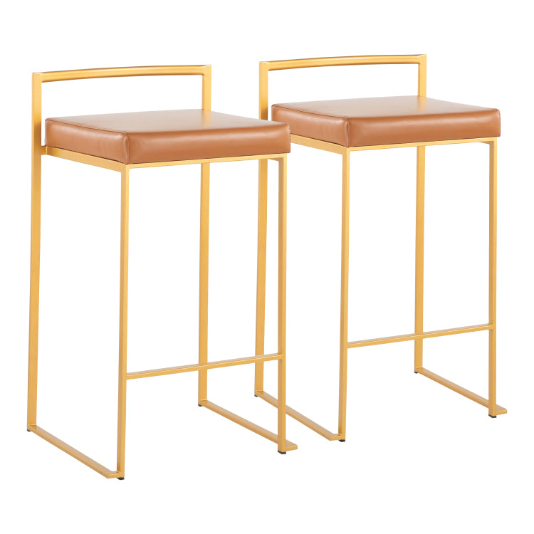 Contemporary Stackable Counter Stool In Gold With Camel Faux Leather Cushion Set Of 2